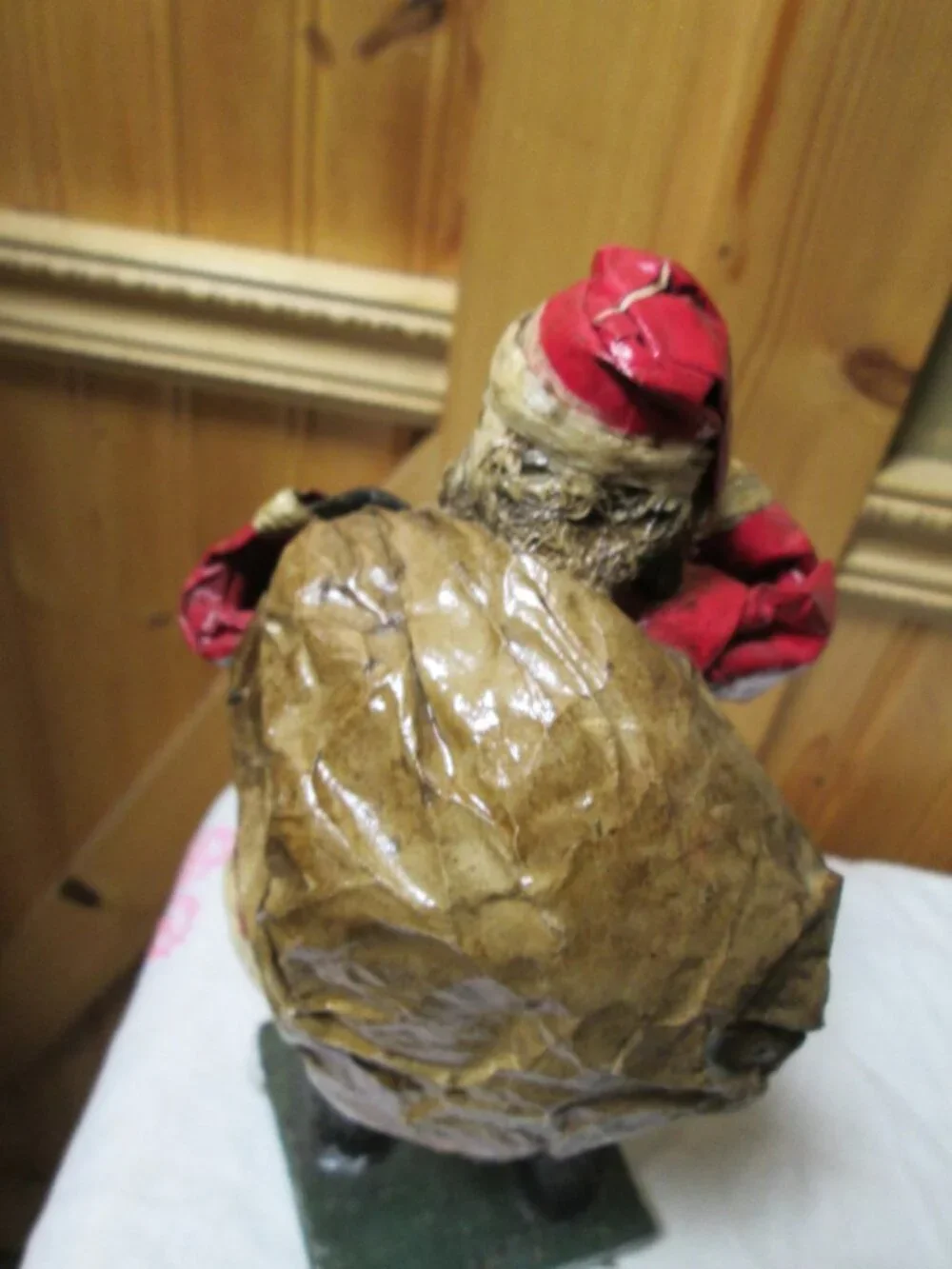 antique MCM folk lore Hand Painted Paper mache santa sack and bell on wood base